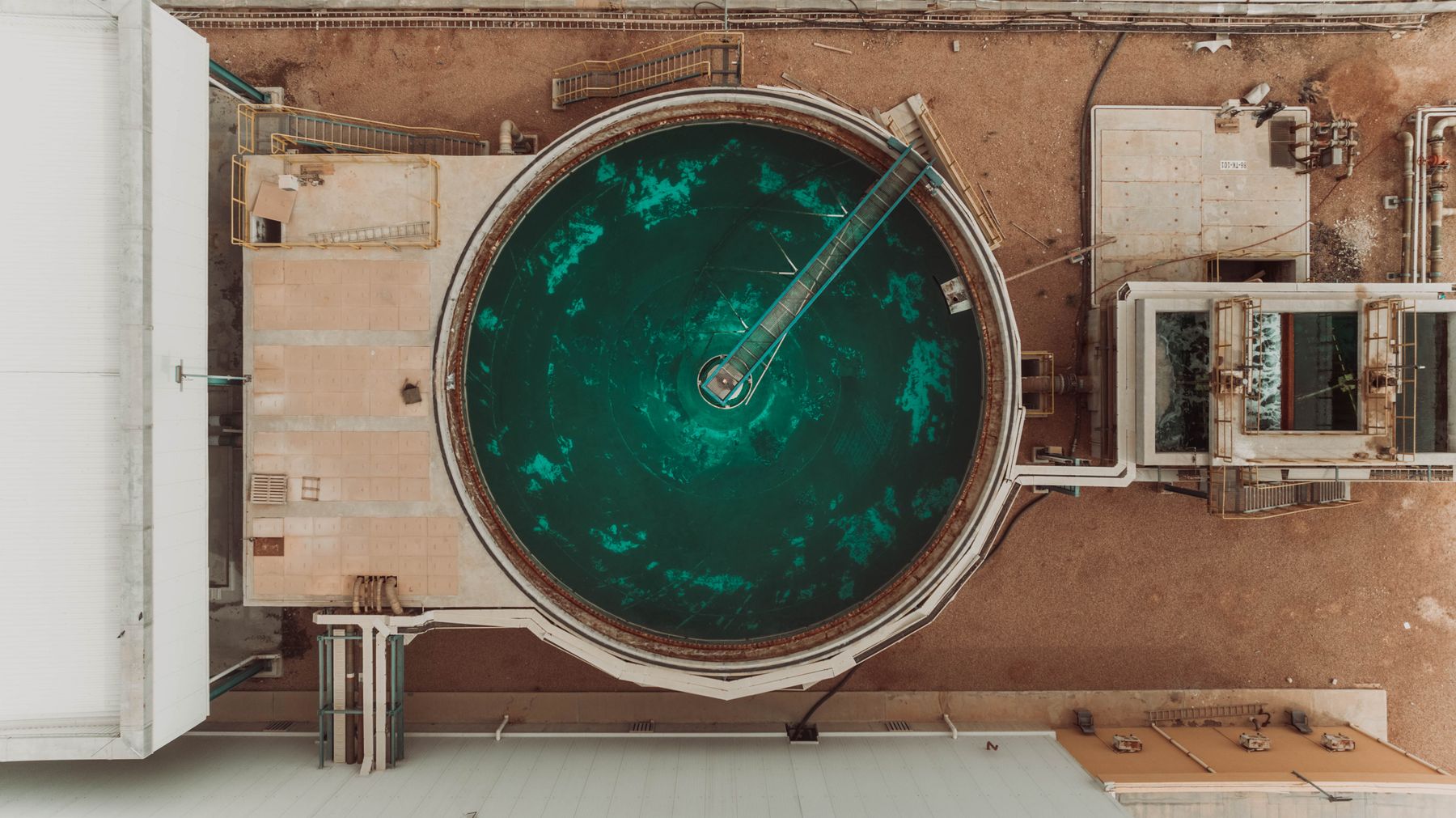Aerial view of a circular water treatment tank
